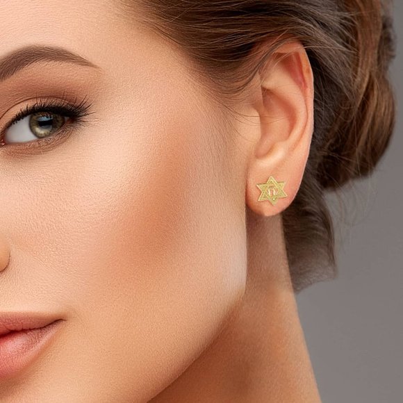 10K Solid Gold Star of David with Chai Stud Earrings - Yellow, Rose, or White